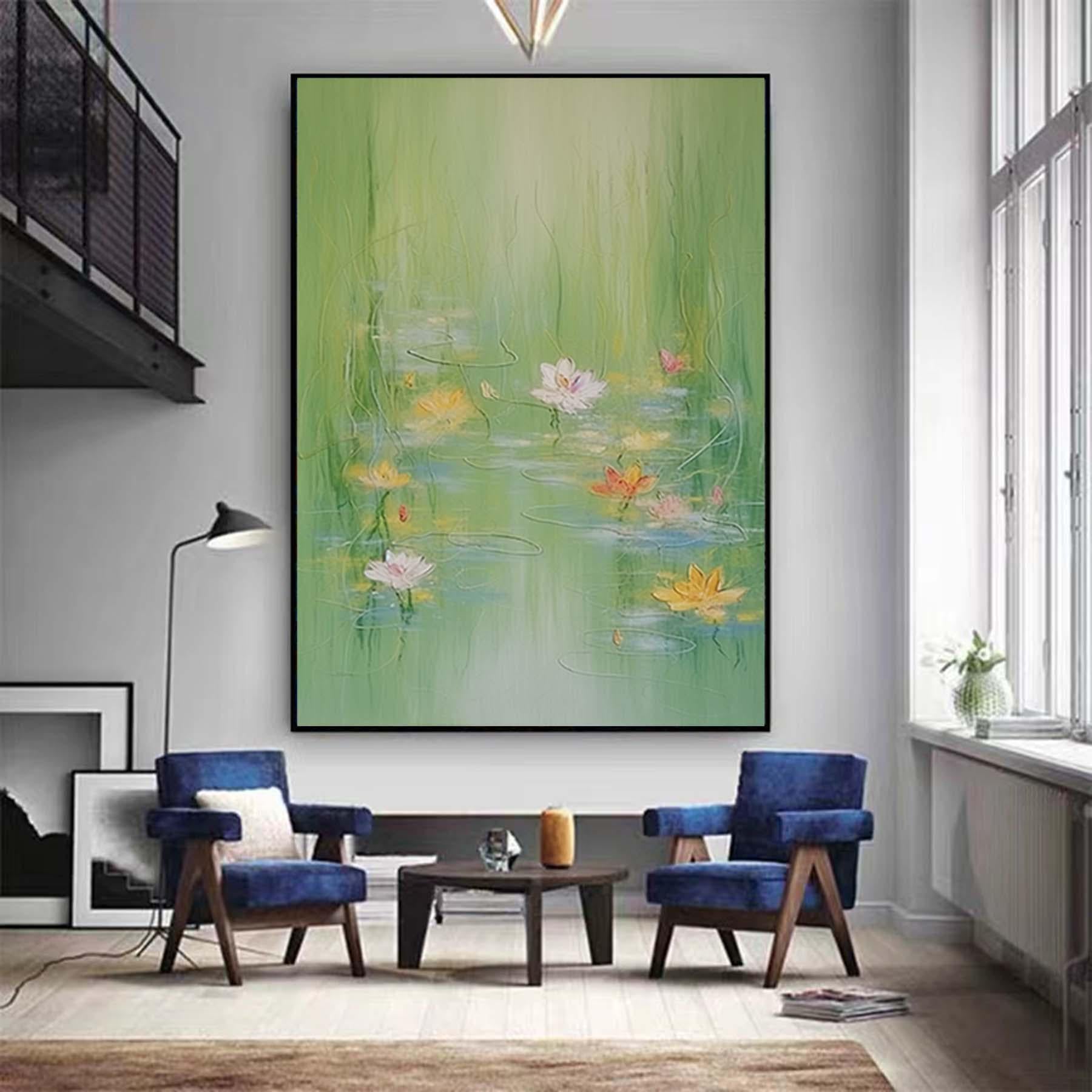 Extra Large Spring Season Painting,Large Floral in Pond Textured Painting,Oversized Minimalist Abstract Wall Art for Home