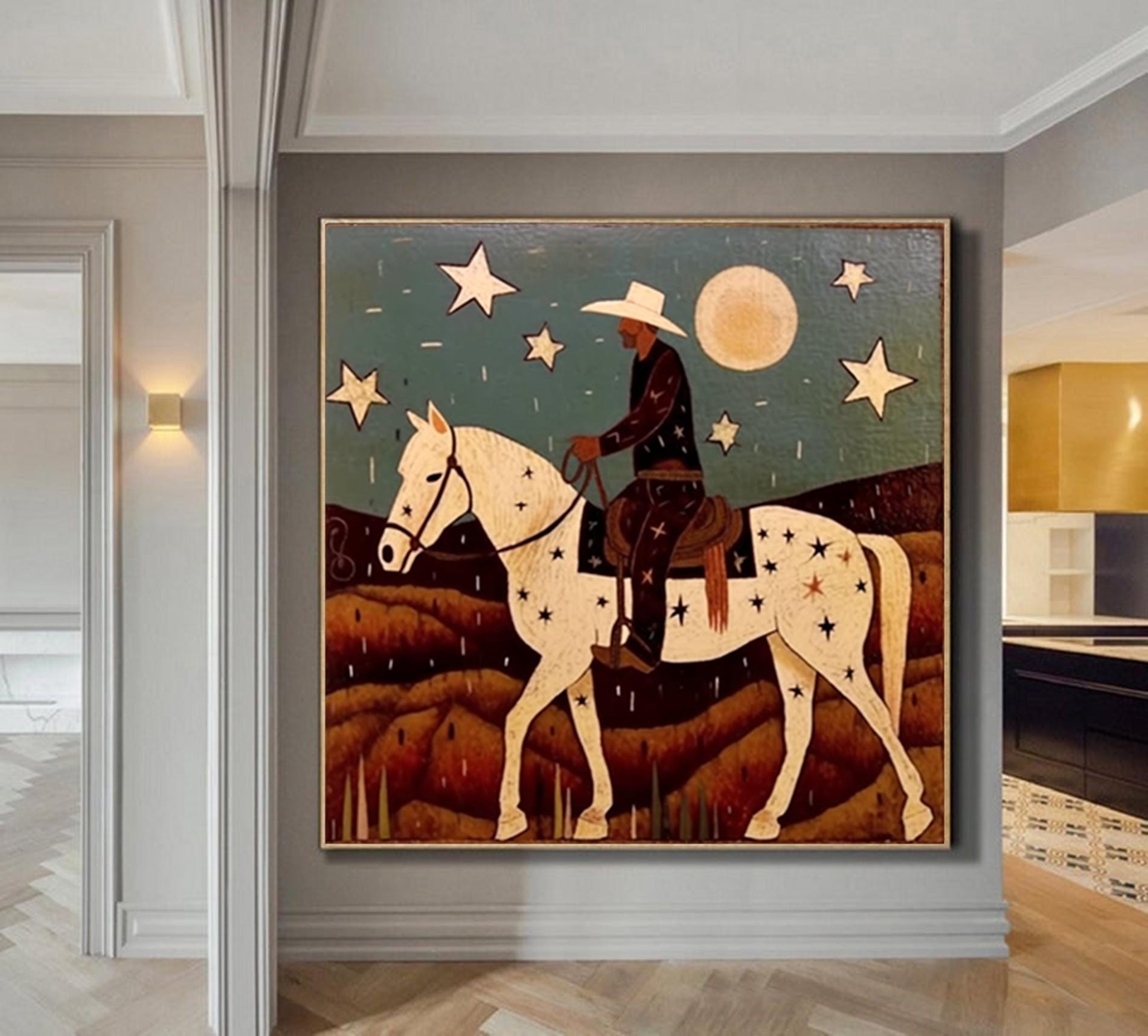 Large Textured Impasto Western Spirit Art Minimalist Cowboy with Starry Horse Painting Modern Farmhouse Wall Decor Olive Green Painting