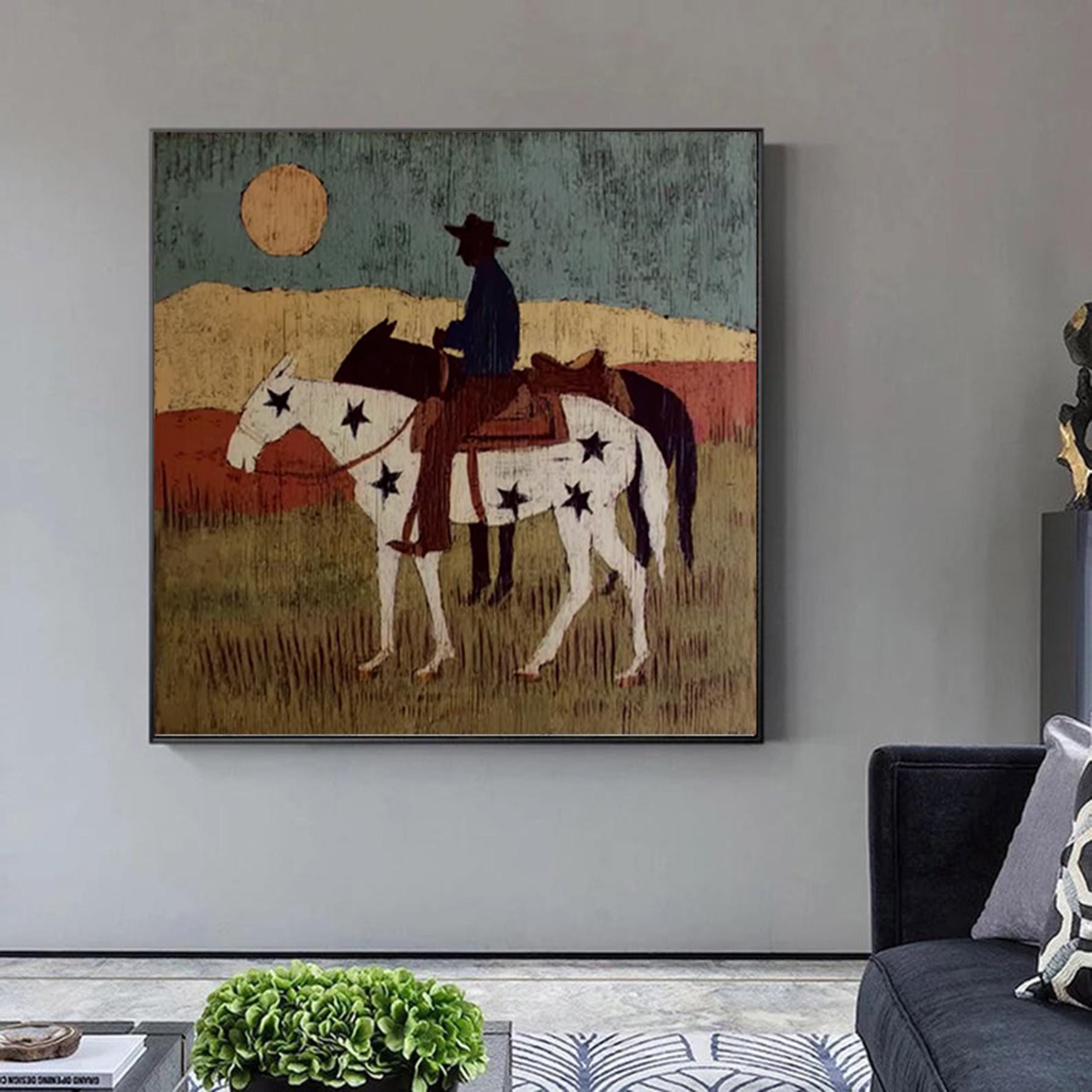 Large Textured Impasto Western Spirit Art Minimalist Cowboy with Starry Horse Painting Modern Farmhouse Wall Decor Olive Green Painting
