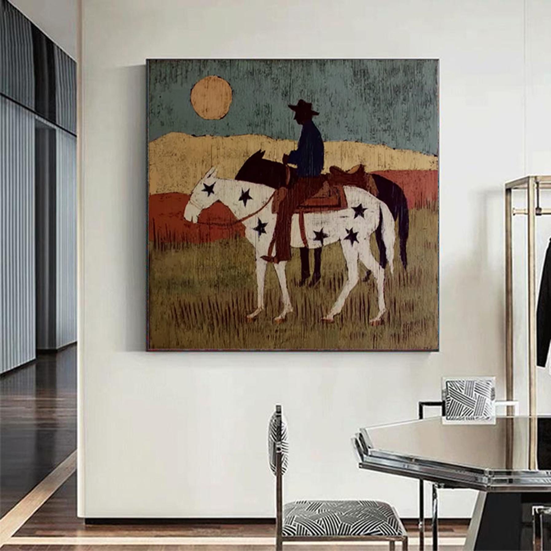 Large Textured Impasto Western Spirit Art Minimalist Cowboy with Starry Horse Painting Modern Farmhouse Wall Decor Olive Green Painting