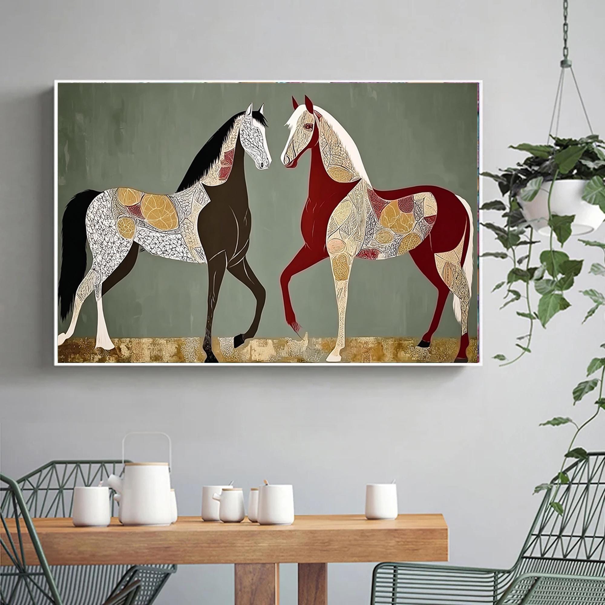 Abstract Patterned Horse Painting Two Horses Facing Each Other Wall Art Modern Farmhouse Decor Sage Green Canvas Unique Equestrian Home Gift