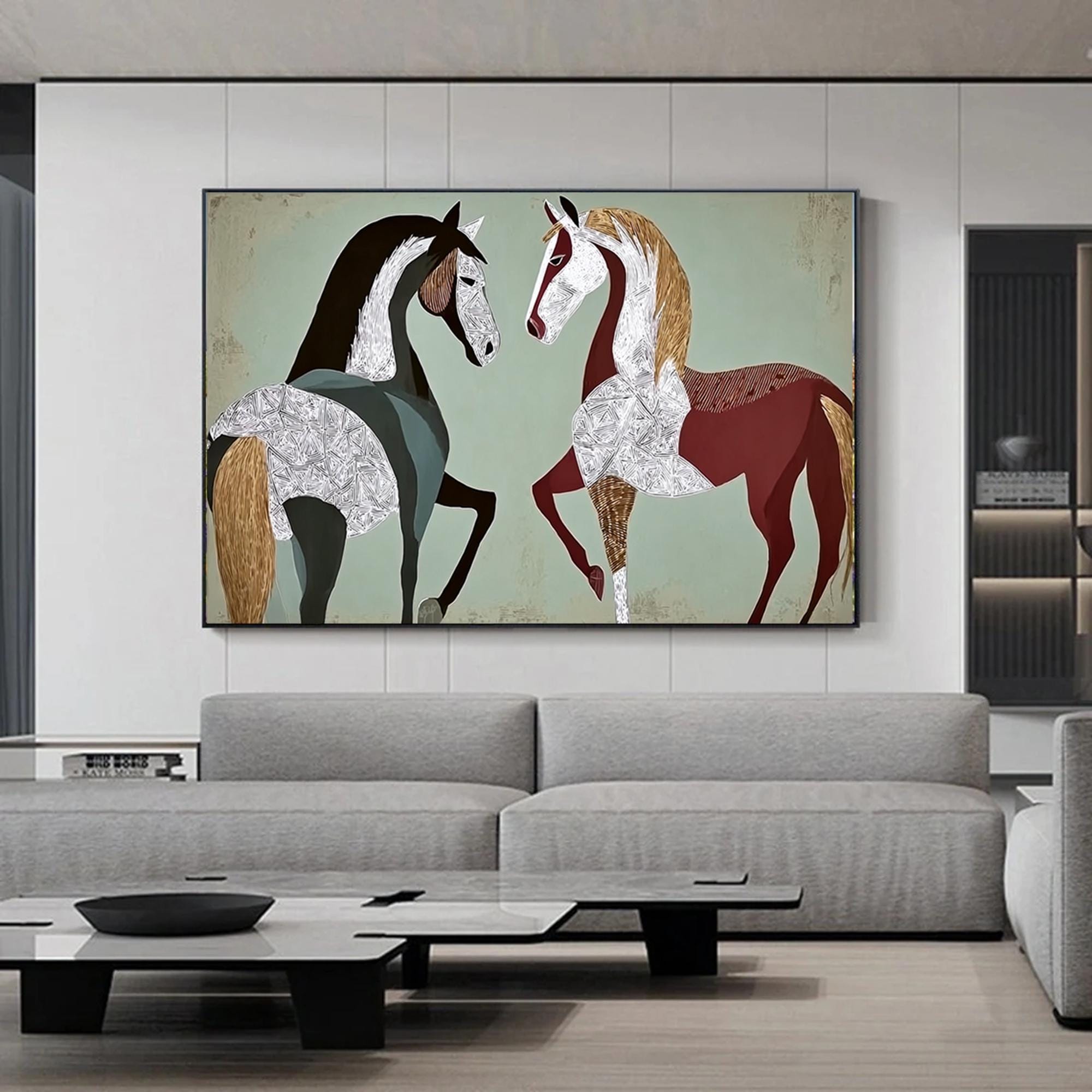 Large Textured Horse Painting Framed Earthy Tone Animal Wall Art Original Contemporary Equestrian Decor