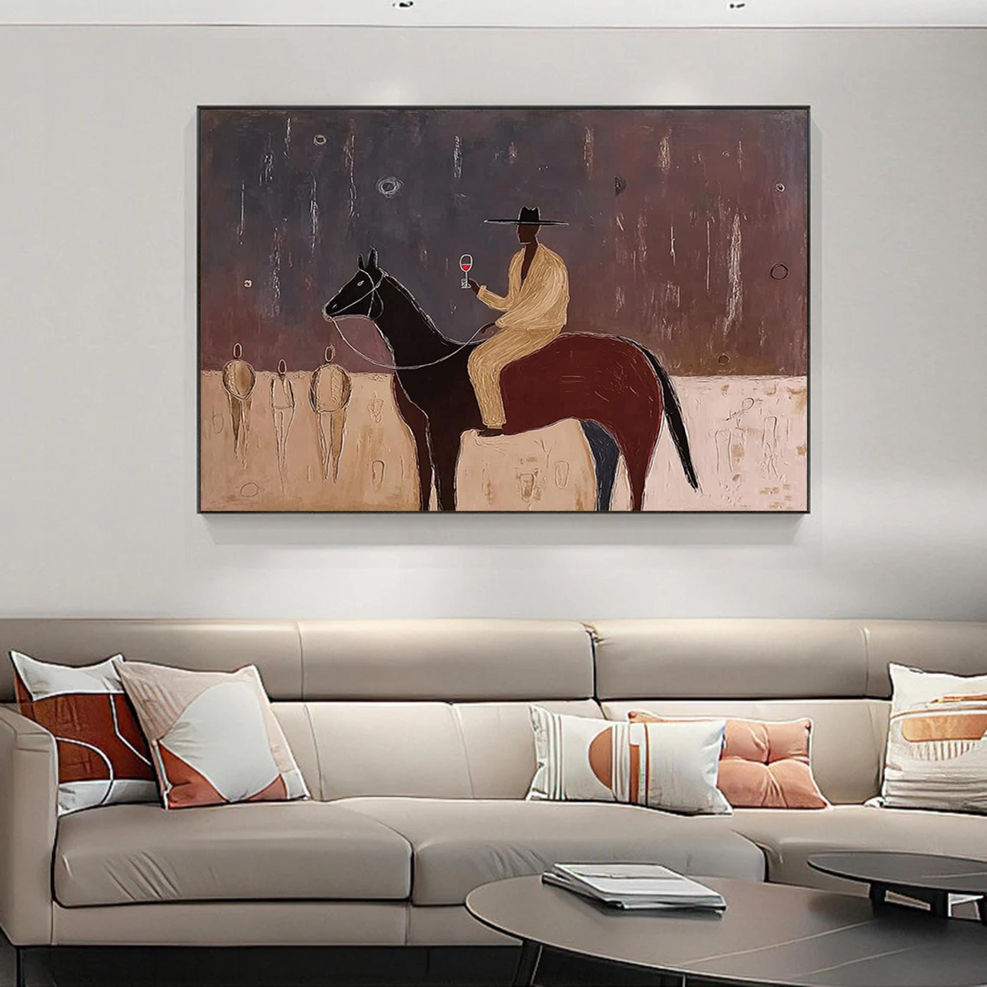 original western cowboy and horse oil painting Japandi western conwboy wall art horse wall art large brown textured wall art man painting