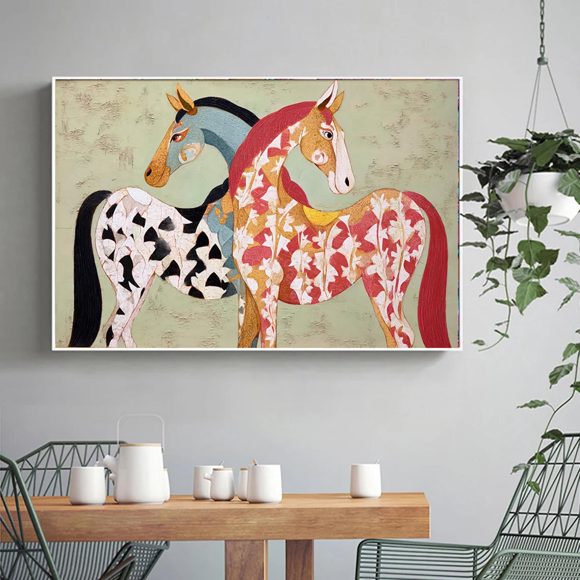 Large Textured Horse Painting Framed Earthy Tone Animal Wall Art Original Contemporary Equestrian Decor