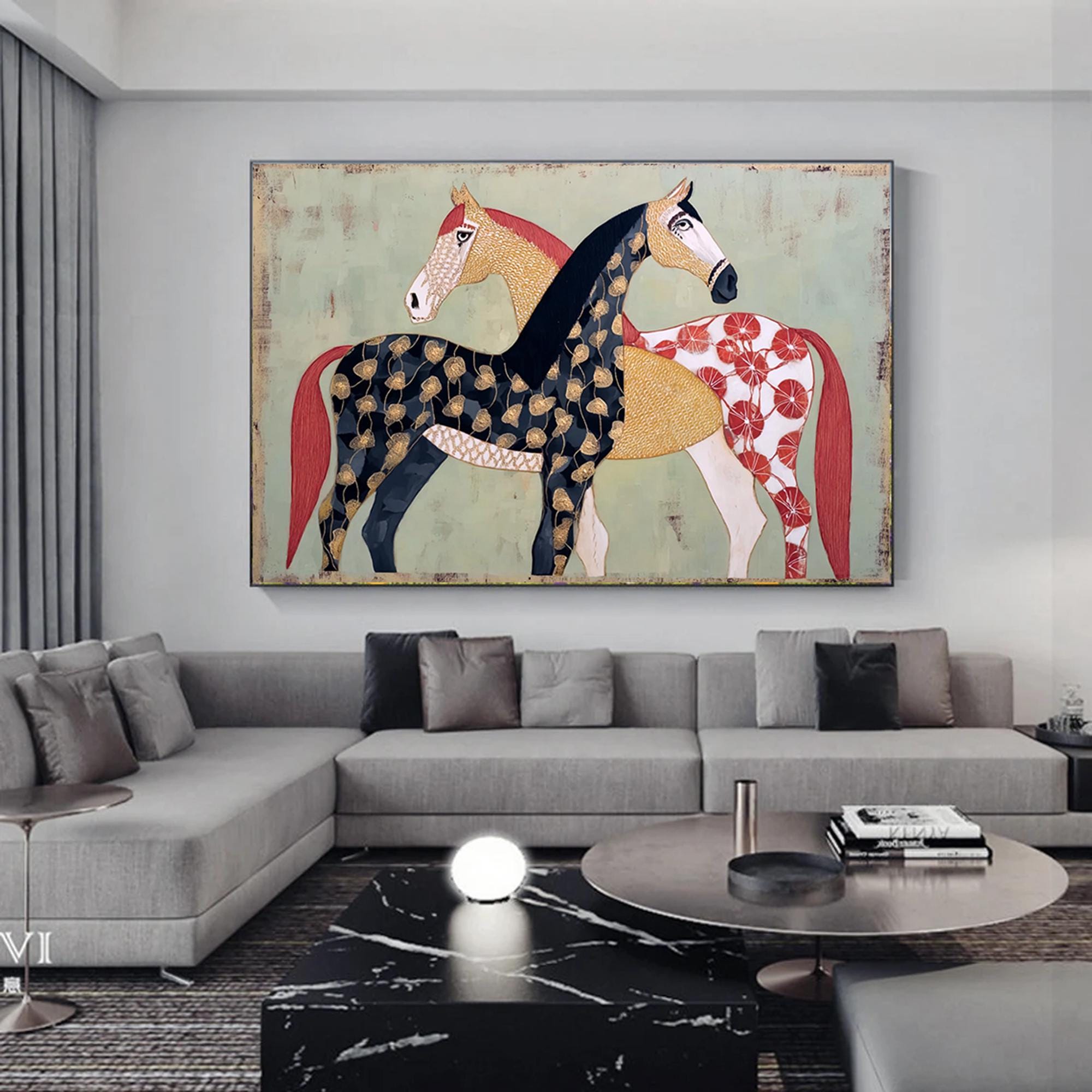 Large Textured Horse Painting Framed Earthy Tone Animal Wall Art Original Contemporary Equestrian Decor