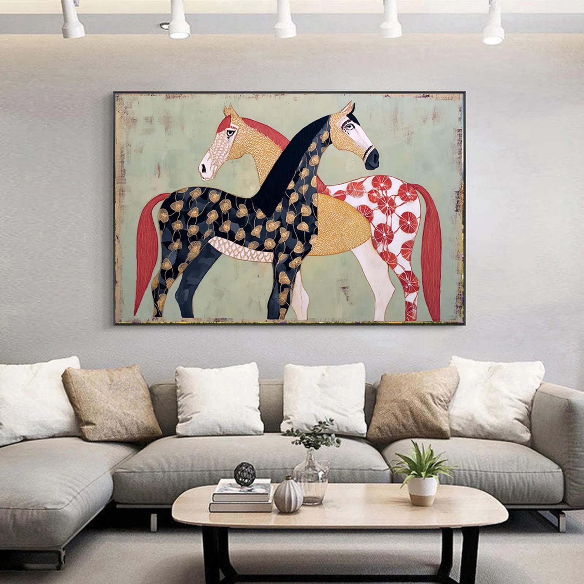 Large Textured Horse Painting Framed Earthy Tone Animal Wall Art Original Contemporary Equestrian Decor