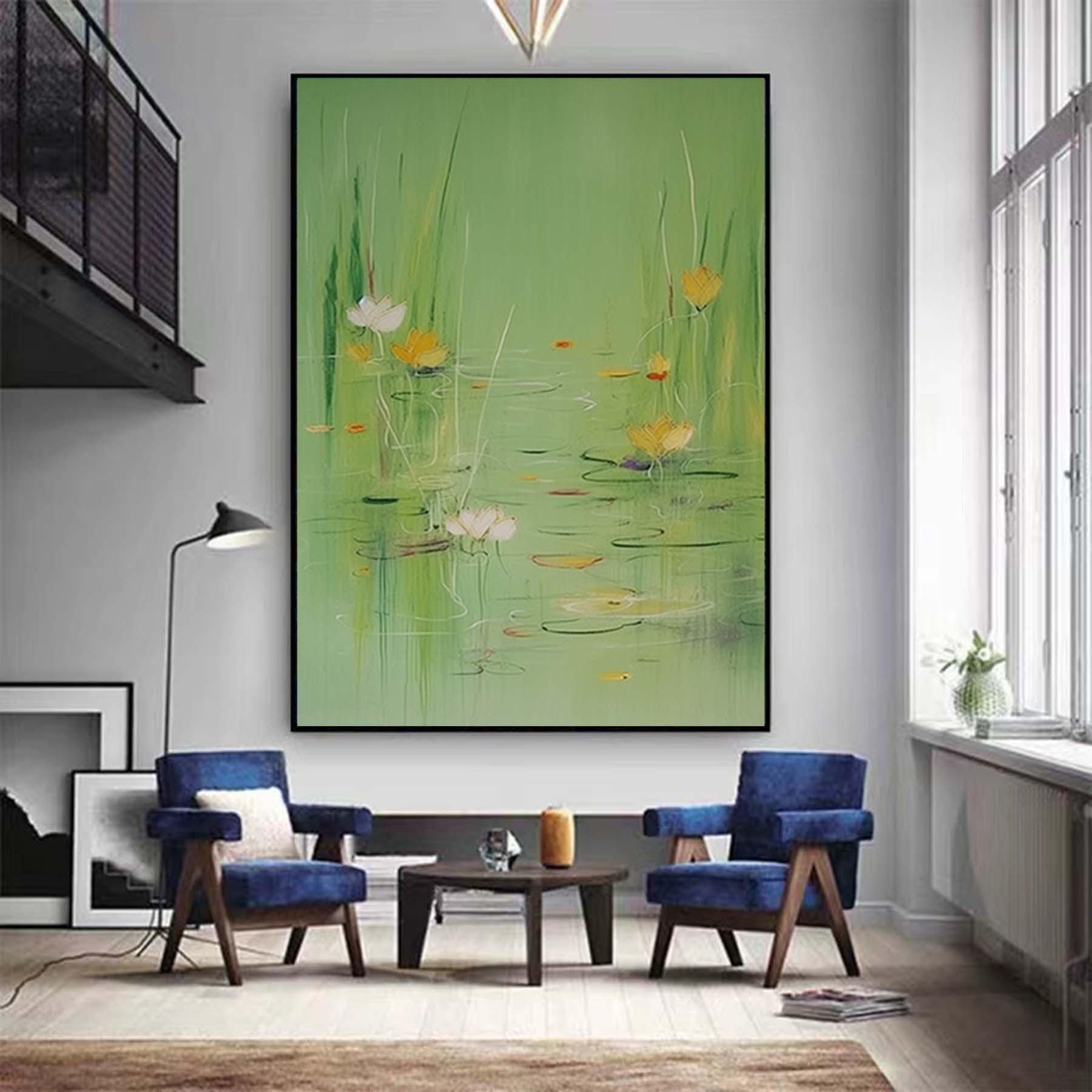 Extra Large Spring Season Painting,Large Floral in Pond Textured Painting,Oversized Minimalist Abstract Wall Art for Home