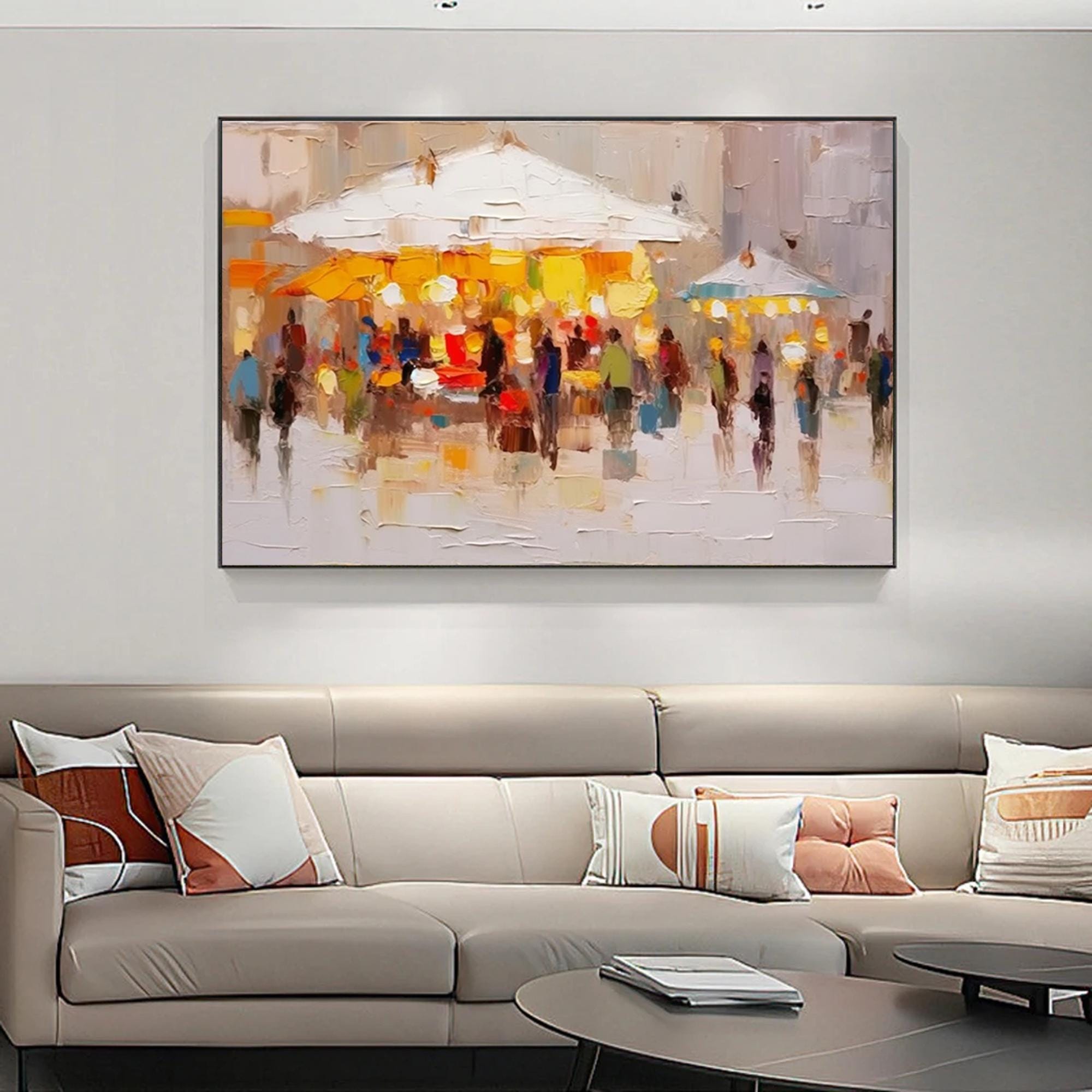 Abstract Market Street Scene Wall Art,Custom Textured Painting,Palette Knife Impressionism Modern Artwork,Living Room Decorative Wall Art