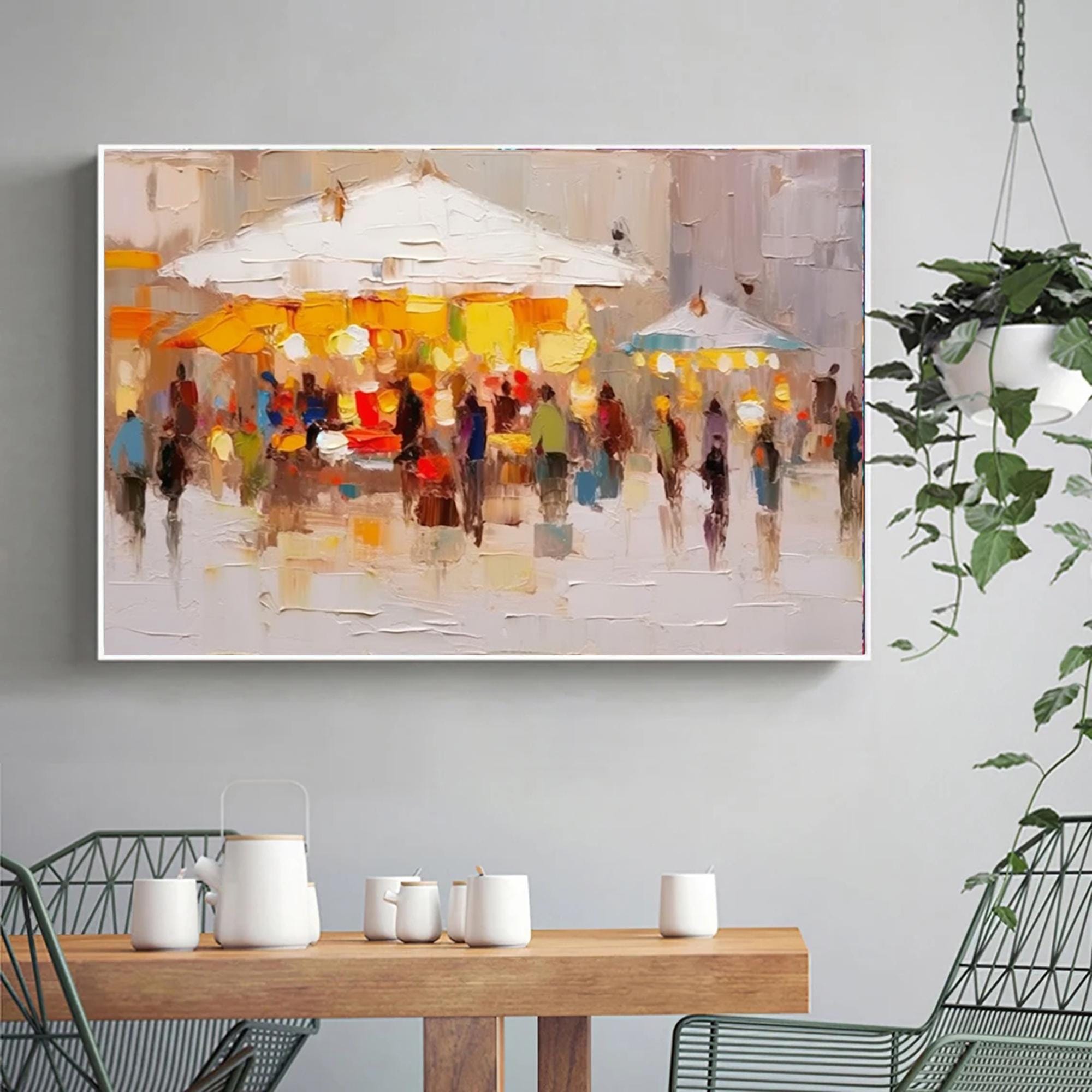 Abstract Market Street Scene Wall Art,Custom Textured Painting,Palette Knife Impressionism Modern Artwork,Living Room Decorative Wall Art