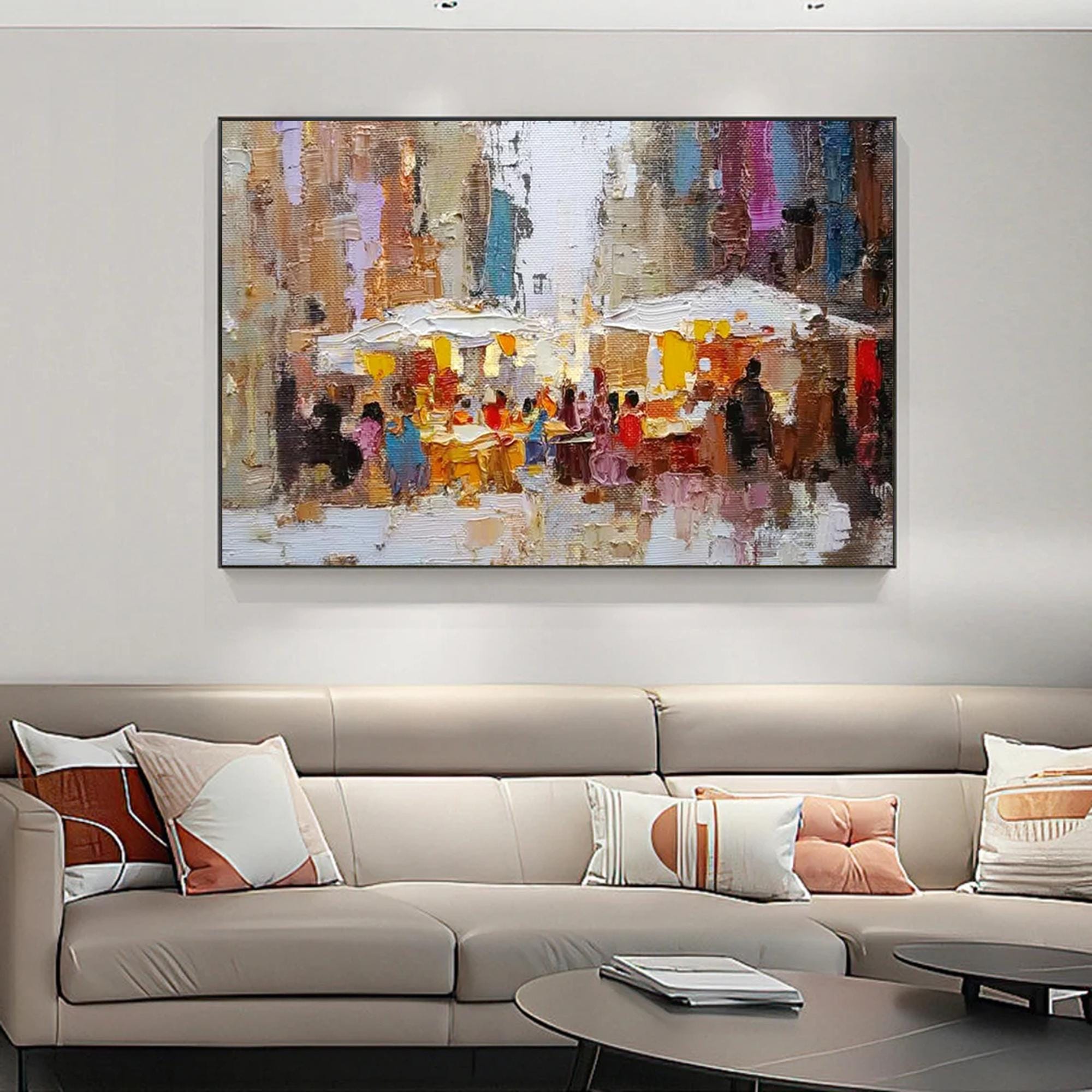 Abstract Market Street Scene Wall Art,Custom Textured Painting,Palette Knife Impressionism Modern Artwork,Living Room Decorative Wall Art