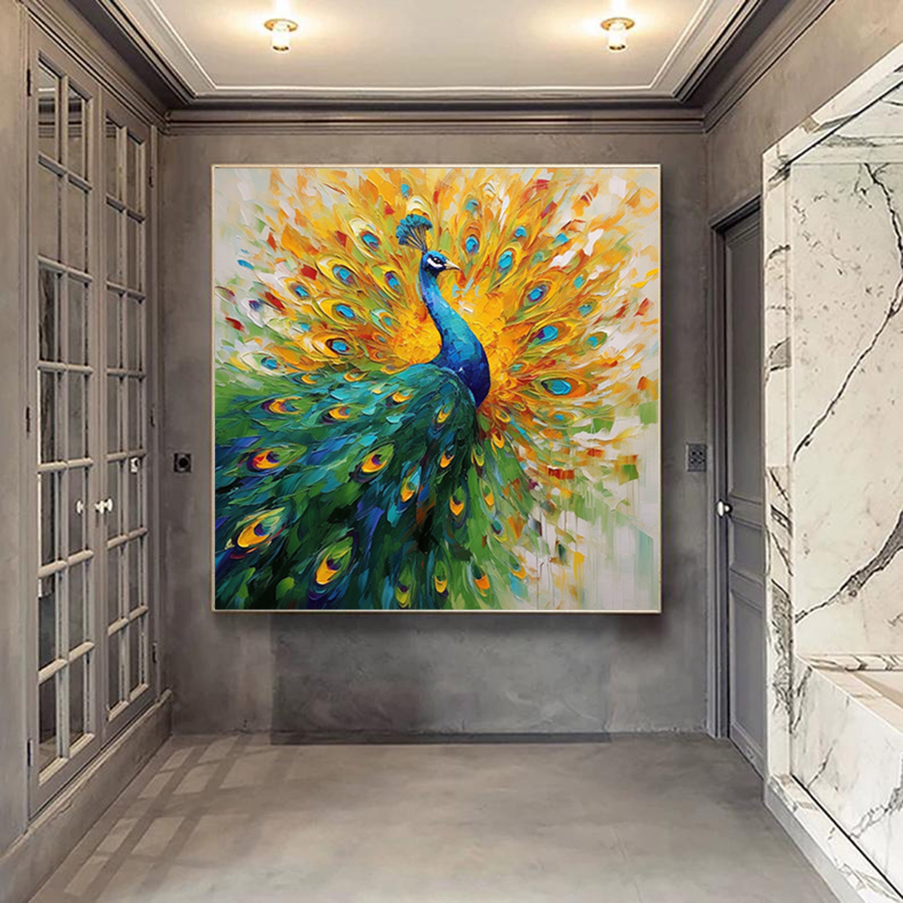 Palette Kinfe Peacock Wall Art,Original Animal Painting On Canvas,Impressionism Wall Décor,Abstract Modern Painting, Extra Large Wall Art