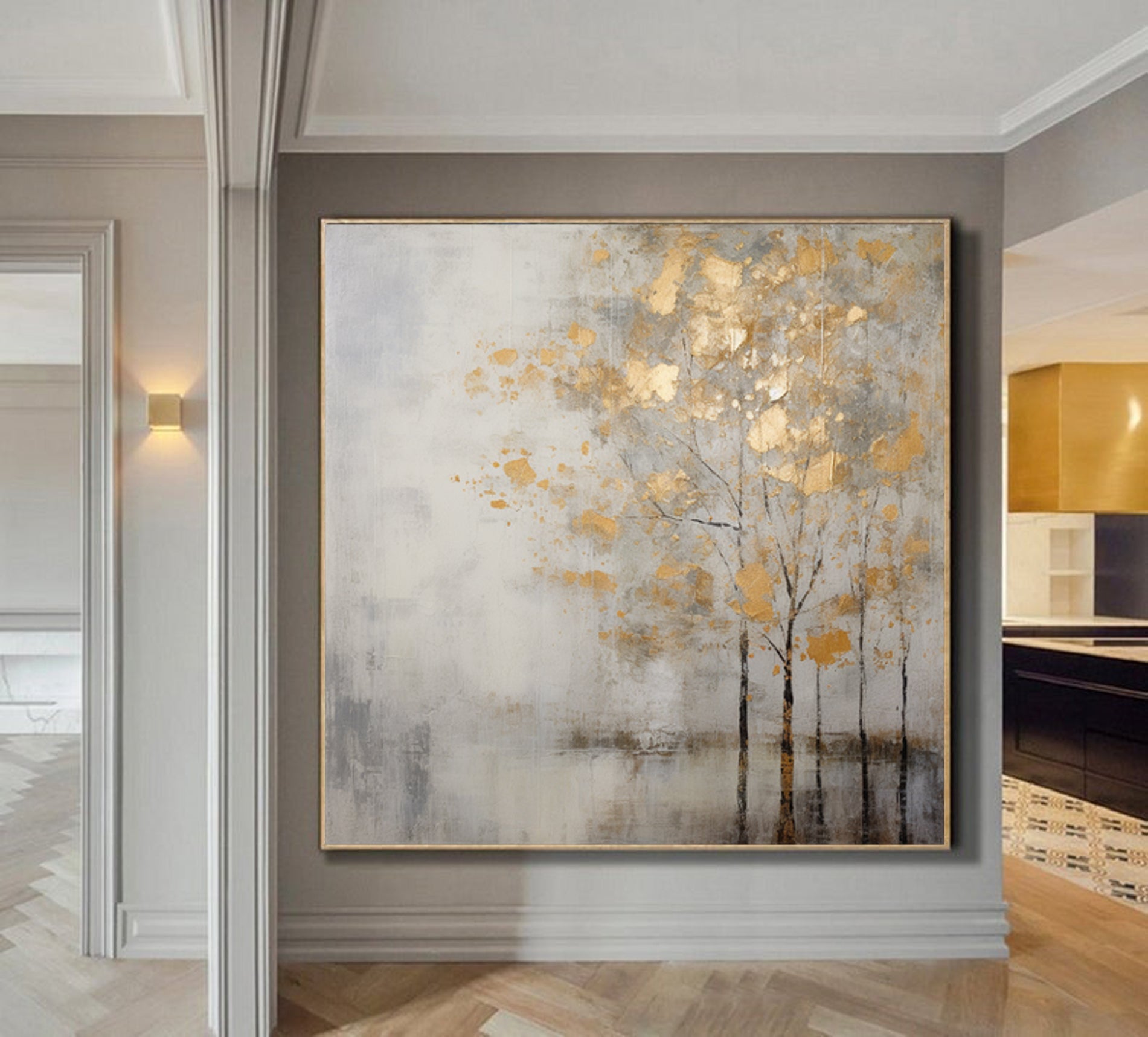 Minimalist Abstract Trees Painting,Extra large wall art,gray landscape painting on canvas #u901