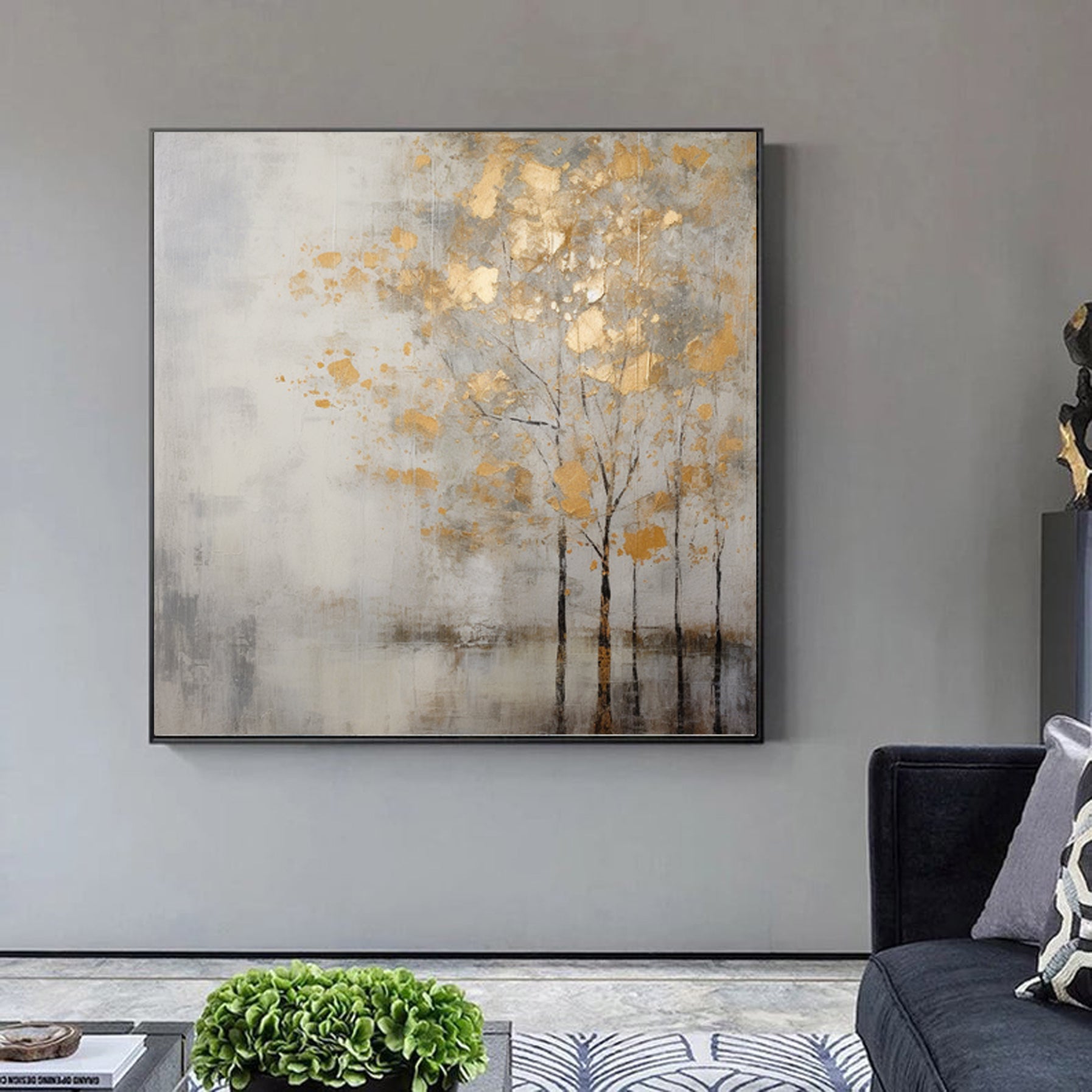 Minimalist Abstract Trees Painting,Extra large wall art,gray landscape painting on canvas #u901